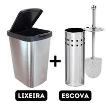 Kit Lixeira Grande Cesto De Lixo 9 Litros Escova Sanitária Limpar Vaso Tipo Aço Inox Suporte Banheiro Cozinha Click - ARQPLAST