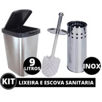 Kit Lixeira Grande Cesto De Lixo 9 Litros Escova Sanitária Limpar Vaso Tipo Inox Banheiro Cozinha Quarto Click Label