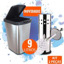 Kit Lixeira Grande Cesto De Lixo 9 Litros Escova Sanitária Limpar Vaso Tipo Inox Suporte Banheiro Cozinha Quarto Label