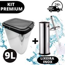 Kit Lixeira Grande Cesto De Lixo 9 Litros Escova Sanitária Limpar Vaso Tipo Inox Tampa Com Suporte Banheiro Cozinha