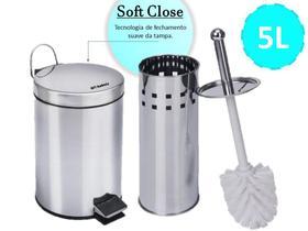 Kit Lixeira Inox 5 Litros Fechamento Automático e Escova Sanitária Fechamento Suave Banheiro