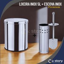 Kit Lixeira inox 5L Basculante Escova Sanitária com Suporte cesto lixo banheiro com tampa