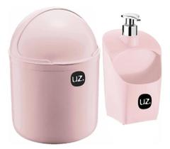 Kit lixeira pia 4 litros tampa capacete + Dispenser porta detergente 500 ml UZ cozinha conjunto Rosa