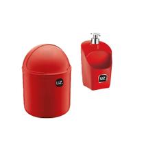 Kit Lixeira Pia Cozinha Cesto Lixo 4 Litros + Dispenser Detergente vermelho