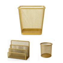 Kit Lixeira Porta Canetas Organizador de Escritório Metal Dourado Gv Office