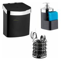 Kit Lixeira Porta Detergente Porta Talher Preto e Cromado