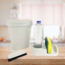 KIT Lixeira Rattan 5L Preta com Tampa + Porta Detergente + Rodinho de pia Kit com 3 peças COR:KIT ELEGANCE BRANCO