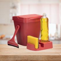 KIT Lixeira Rattan 5L Preta com Tampa + Porta Detergente + Rodinho de pia Kit com 3 peças COR:KIT ELEGANCE VERMELHO