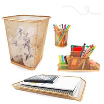 Kit lixeira retangular porta caneta org de mesa e bandeja dourado Kit lixeira retangular porta caneta org de mesa e bandeja dourado