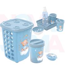 Kit Lixeira, saboneteira, cesto, kit Higiene Urso Azul - Plasutil