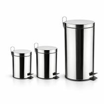Kit Lixeiras Aço Inoxidável com Pedal, Fechamento suave e Cesto Higiênico 3L, 7L e 30L Kit Lixeiras Aço Inoxidável com Pedal, Fechamento suave e Cesto Higiênico 3L, 7L e 30L