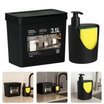 Kit Lixinho Pia Cozinha Porta Detergente Com Bucha 600ml Preto Fosco Acessório Bancada