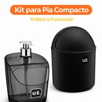 Kit Lixo De Pia 4L Preto Tampa Capacete + Dispenser Detergente Preto Transparente Sabonete Liquido