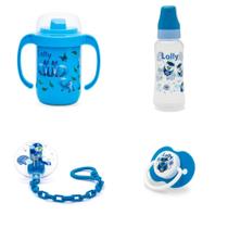 Kit Lolly Azul Mamadeira + Copo Com Alça + Prendedor + Chupeta