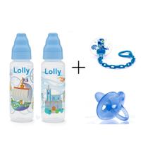 Kit Lolly Azul Mamadeira + Prendedor + Chupeta 100% Acabamento de Silicone