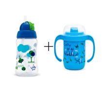 Kit Lolly Copo Com Canudo E Tampa + Copo Antivazamento Azul