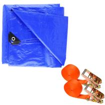 Kit Lona Impermeável Multiuso 75g 5x3 Azul + 2 Cinta Para Carga Catraca 1x4.5m - Starfer