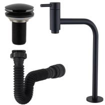 Kit Lopazzi Torneira Link Preta + Sifão Preto + Válvula Preta para Lavatório Cuba Pia Banheiro Cozin