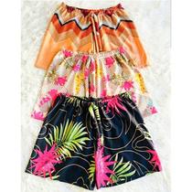 Kit Lote 5 Shortinho Malha Crepe Estampado Com Elástico na Cintura