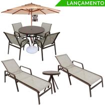 Kit Lótus PREMIUM Jogo de Mesa 4 Cadeiras, 2 Espreguiçadeiras e Guarda Sol Kit Lótus PREMIUM Jogo de Mesa 4 Cadeiras, 2 Espreguiçadeiras e Guarda Sol