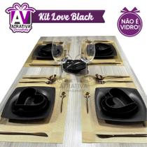Kit Love BLACK Mesa Posta 4 Pratos Refeição 4 Petisqueira 4 Sobremesa coração PRETO