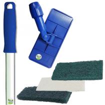 Kit LT Suporte Limpa Tudo + Cabo 55 cm + Fibras 1 Verde Multiuso + 1 Verde Pesada + 1 Macia Branca Para Banheiro Casa