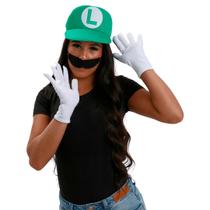 Kit Luigi e Mario Adulto com Bigode Falso e Boné Escolha o Seu