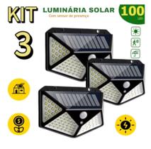Kit Luminária Energia Solar Parede 100 LEDs Sensor 3 Funções