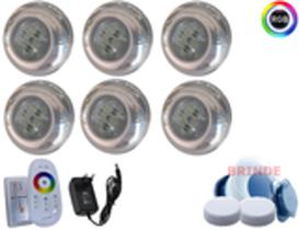 Kit luminaria led piscina inox - 06 led 15w rgb + central touch + fonte