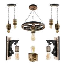 Kit Luminária Pergolado Sítio Madeira Maciça Rústica Colonial - Pendentes e Arandelas