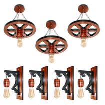 Kit Luminária Roda De Carroça E Arandelas Colonial Madeira