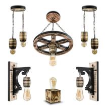 Kit Luminária Rústica Madeira Colonial Pergolado Sítio Retrô