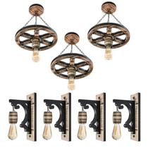Kit Luminárias Roda De Carroça E Arandelas Colonial Madeira Kit Luminárias Roda De Carroça E Arandelas Colonial Madeira