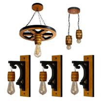 Kit Luminárias Rústicas de Madeira Maciça 3 Arandelas Coloniais Retro, 1 Pendente Duplo Barril e 1 Pendente Roda de Carroça Kit Luminárias Rústicas de Madeira Maciça 3 Arandelas Coloniais Retro, 1 Pendente Duplo Barril e 1 Pendente Roda de Carroça