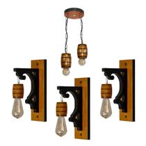 Kit Luminárias Rústicas de Madeira Maciça 3 Arandelas Colonial Retro e 1 Pendentes Duplo Barril Kit Luminárias Rústicas de Madeira Maciça 3 Arandelas Colonial Retro e 1 Pendentes Duplo Barril