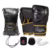 Kit Luva Black de Muay Thai e Boxe + Bandagem + Protetor Bucal + Bolsa, Preto/Dourado, 14 Oz