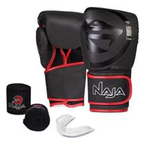 Kit Luva Black de Muay Thai e Boxe + Bandagem + Protetor Bucal + Bolsa, Preto/ Vermelho, 12 Oz