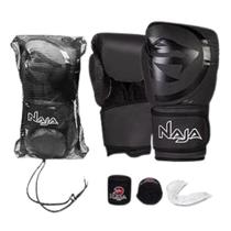 Kit Luva Box Muay Thai Naja + Bucal + Bandagem + Bolsa , Preta, 12 OZ