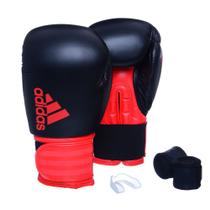 Kit Luva Boxe Adidas Hybrid 100 Preto/Vermelho com Bandagem Preta e Bucal Simples Kit Luva Boxe Adidas Hybrid 100 Preto/Vermelho com Bandagem Preta e Bucal Simples