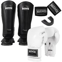 Kit Luva Boxe Classic White + Caneleira Muay Thai Classic Black + Bandagem 3m + P. Bucal - Maximum Kit Luva Boxe Classic White + Caneleira Muay Thai Classic Black + Bandagem 3m + P. Bucal - Maximum