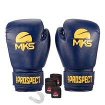 Kit Luva Boxe Muay Thai Prospect Azul/Amarelo 16oz + Bandagem + Protetor Bucal MKS Combat Kit Luva Boxe Muay Thai Prospect Azul/Amarelo 16oz + Bandagem + Protetor Bucal MKS Combat