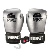 Kit Luva Boxe Muay Thai Prospect Prata 12oz + Bandagem + Protetor Bucal MKS Combat