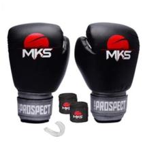 Kit Luva Boxe Muay Thai Prospect Preto/Prata 14oz + Bandagem + Protetor Bucal MKS Combat