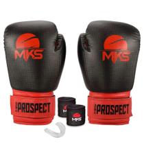 Kit Luva Boxe Muay Thai Prospect Preto/Vermelho 10oz + Bandagem + Protetor Bucal MKS Combat