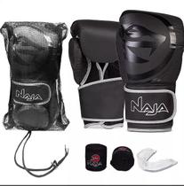Kit Luva Boxe Naja Black + Protetor Bucal + Bandagem + Bag/