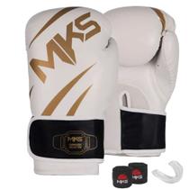 Kit Luva Boxe New Champion Branco/Dourado 10oz + Bandagem + Protetor Bucal MKS Combat