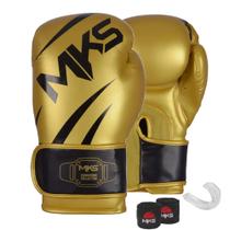 Kit Luva Boxe New Champion Dourado/Preto 16oz + Bandagem + Protetor Bucal MKS Combat