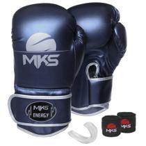 Kit Luva Boxe New Energy II Azul Metálico 10oz + Bandagem + Protetor Bucal MKS Combat