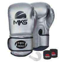 Kit Luva Boxe New Energy II Prata Metálico 10oz + Bandagem + Protetor Bucal MKS Combat