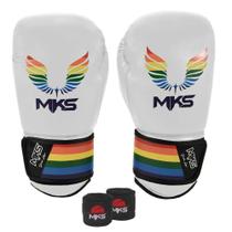 Kit Luva Boxe New Energy II Pride Branco Metálico 12oz + Bandagem MKS Combat